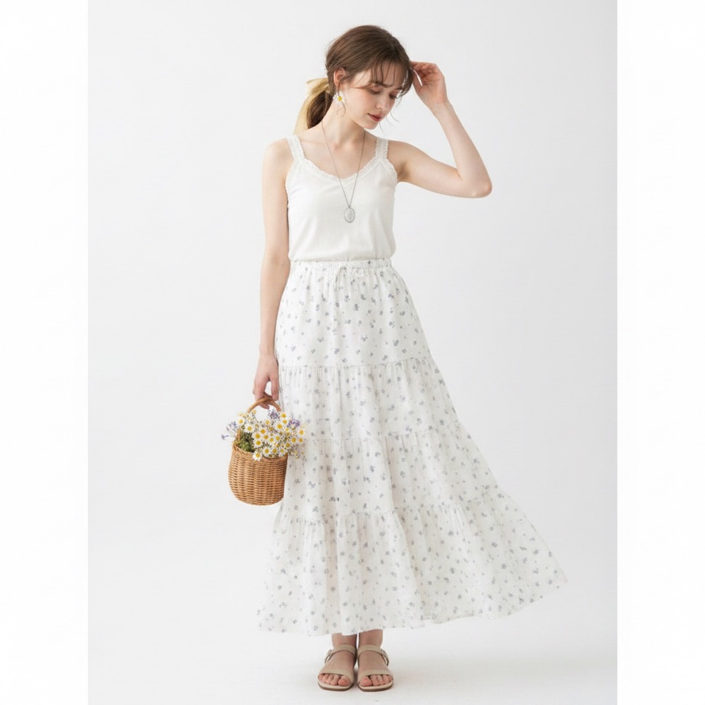 Cotton On Boho Cottagecore Cream Blue Floral Tiered Linen Blend Maxi Skirt Sz 2